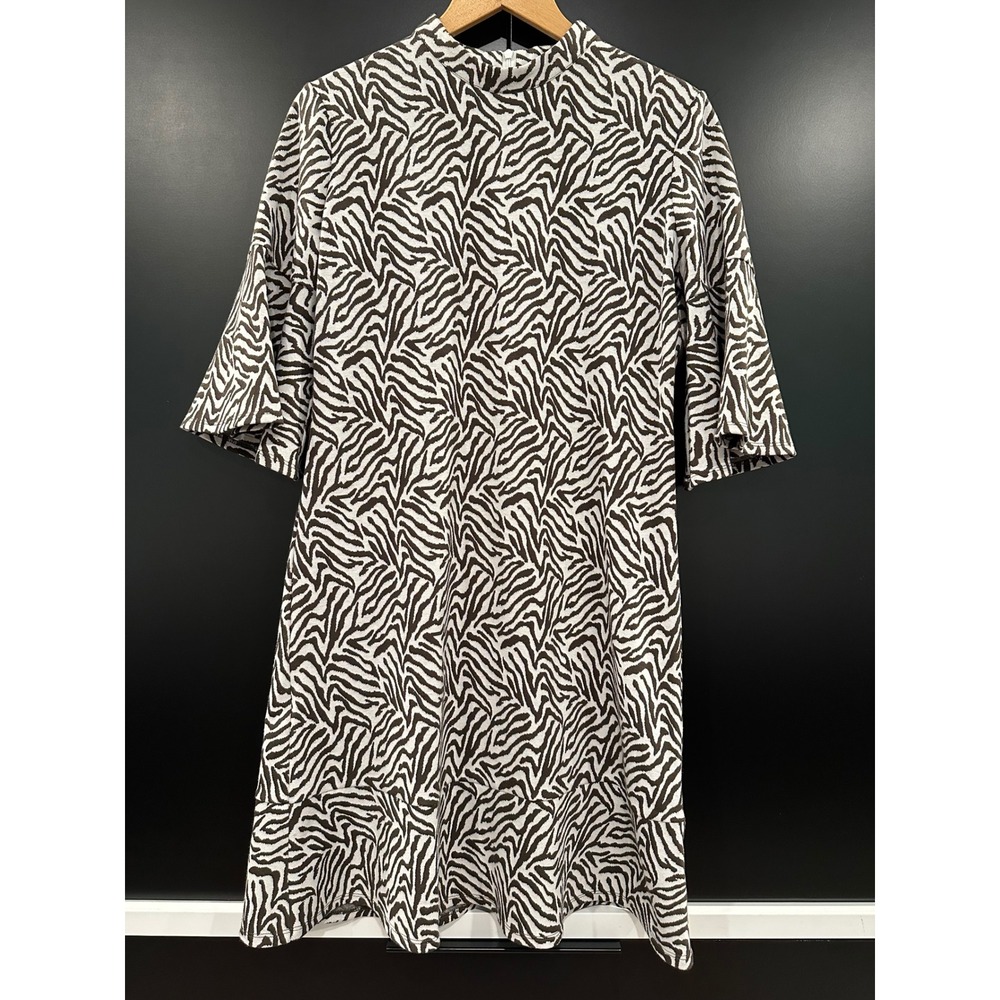Tyler Boe Zebra Print Mock Neck Bell Sleeve Shift Dress Brown White Small